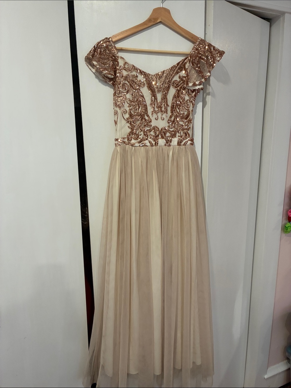 Elegant Cap Shoulder Sequin Bodice Evening Gown in Champagne